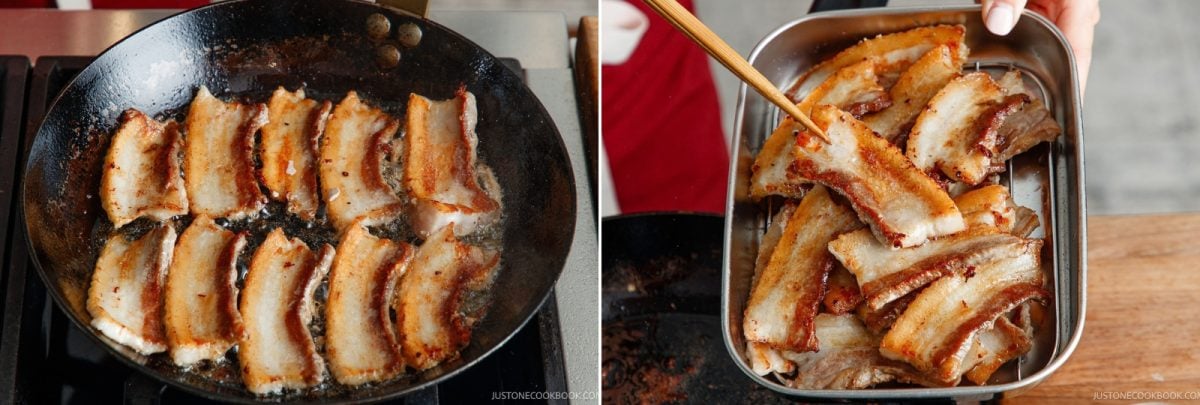 Slices of honey pork belly frying in a skillet next to a tray of cooked, golden-brown slices being lifted with chopsticks.
