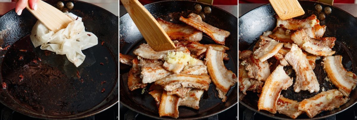 A three-part image showing a paper towel wiping a skillet, followed by minced garlic being stirred into browned honey pork belly slices in the same pan.
