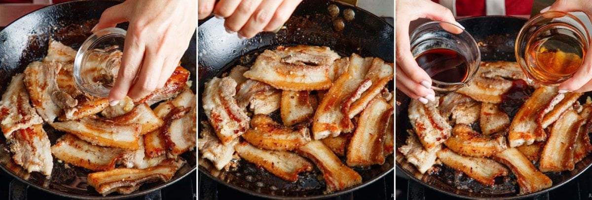 Three frames show a hand pouring liquid from glass bowls onto strips of seared honey pork belly in a frying pan.