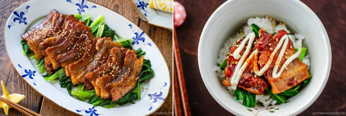 Two images of honey pork belly glazed with sauce over saut&eacute;ed greens: a platter on the left and a single serving over rice in a bowl on the right.