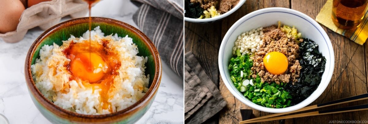 Side-by-side images: Left, a pasteurized raw egg and soy sauce over steamed rice. Right, a bowl of soupless ramen noodles topped with a pasteurized raw egg yolk, ground meat, scallions, seaweed, and other toppings—showing how to pasteurize eggs at home for safety.