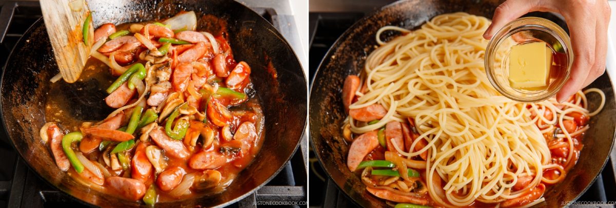 A two-part image showing sliced sausages, peppers, and onions sautéing in a pan, then being tossed with cooked spaghetti and a pat of butter to create a classic Napolitan.