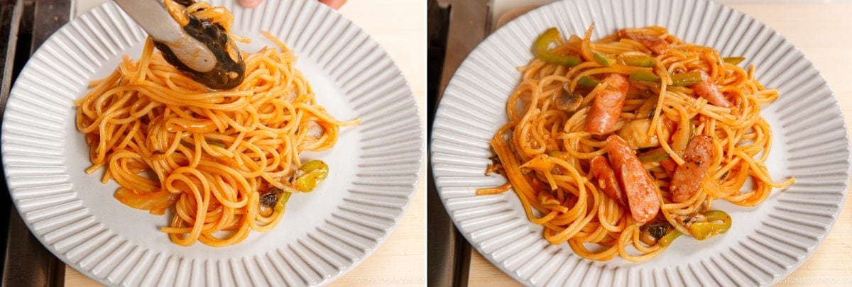 Two photos of Napolitan pasta with sliced sausages and green peppers on a white fluted plate, with the left image showing metal tongs tossing the noodles.