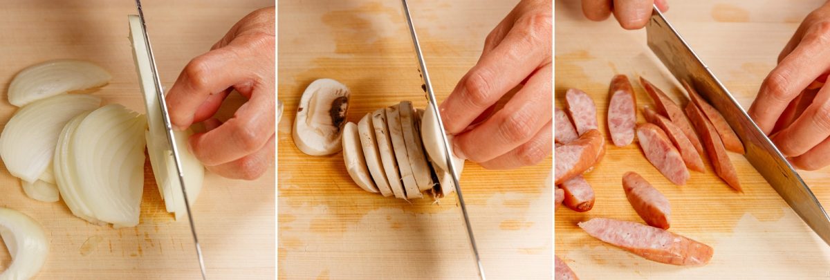 A three-part image showing hands slicing an onion, a mushroom, and cooked sausage links on a wooden cutting board to prepare ingredients for Napolitan.