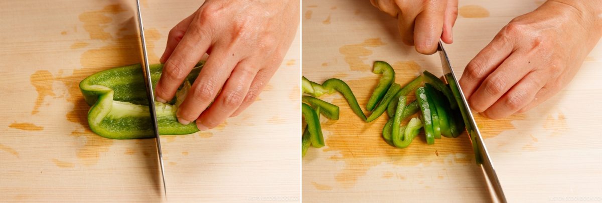 Hands using a chef’s knife to slice a green bell pepper on a wooden cutting board for a napolitan dish.