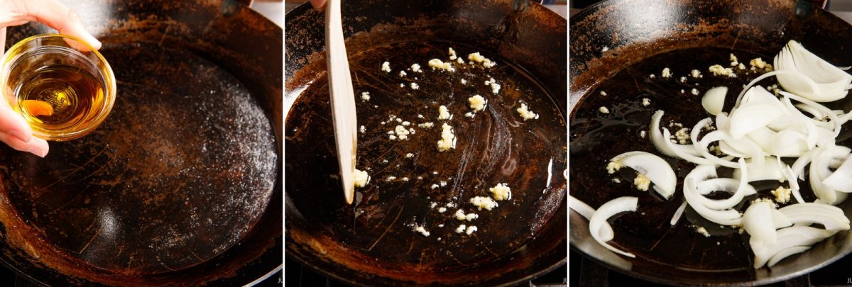 A three-part sequence showing oil being poured into a pan for napolitan, followed by minced garlic being stirred, and then sliced onions being added to the pan.