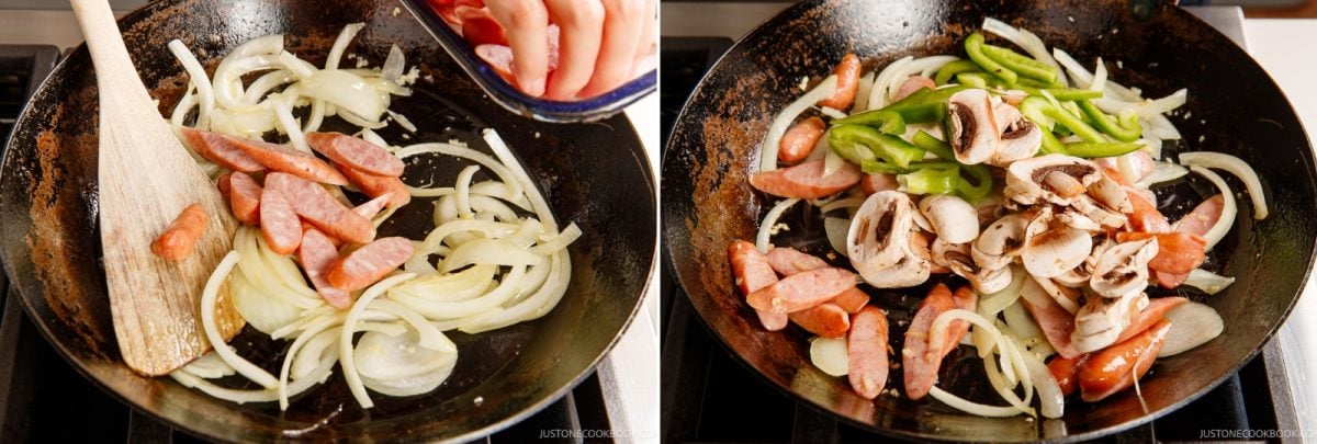A two-panel image showing sliced sausage being added to a pan with sautéed onions for napolitan, followed by sliced green peppers and mushrooms added to the mixture.