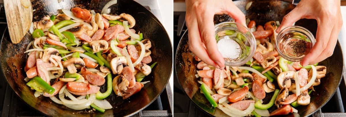 A split-view image showing sliced sausage, mushrooms, green peppers, and onions for a Napolitan stir-fry being cooked in a wok, with hands adding salt and pepper from small glass bowls.