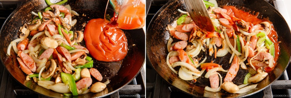 A two-part image showing tomato sauce being poured into a skillet of sautéed sausage, onions, mushrooms, and bell peppers for Napolitan, then being stirred together.