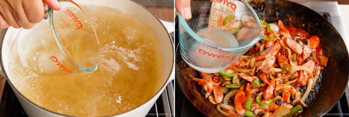 A split image showing water being poured into a pot of boiling liquid on the left, and broth being poured into a pan of sautéing sliced sausages and vegetables for a napolitan dish on the right.