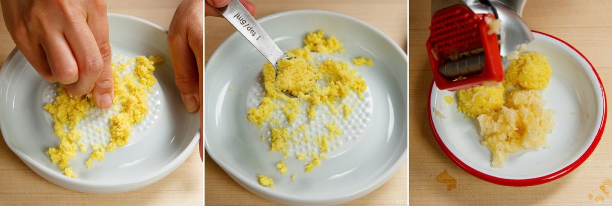 A ceramic grater being used to prepare ginger for vegetarian ramen, followed by measuring the grated ginger with a teaspoon and pressing pieces through a garlic press.