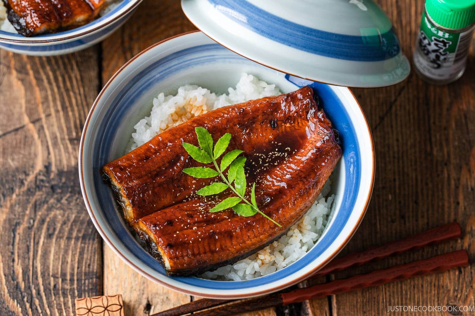 A bowl of unadon, featuring grilled glazed eel over white rice, garnished with a green leaf.