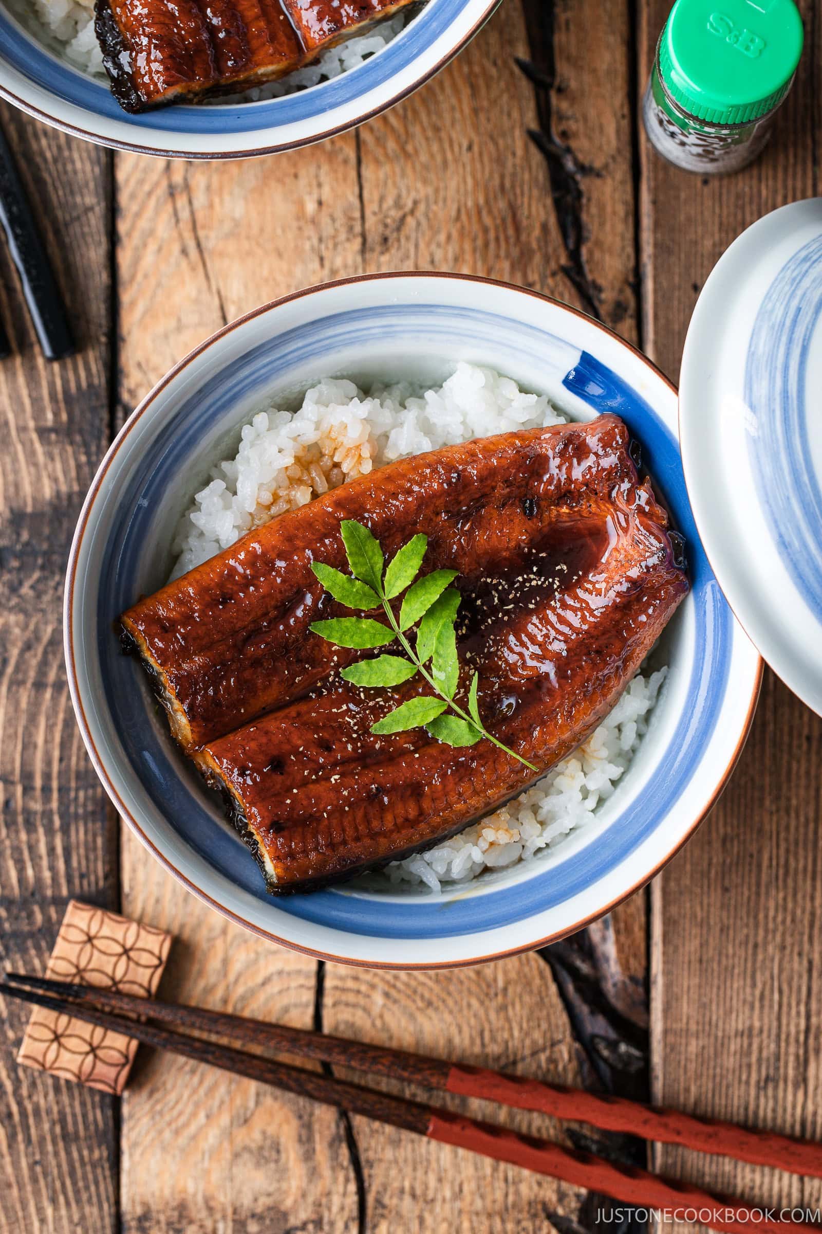 A bowl of unadon, featuring grilled eel glazed in a dark sauce over white rice, garnished with a small green sprig.