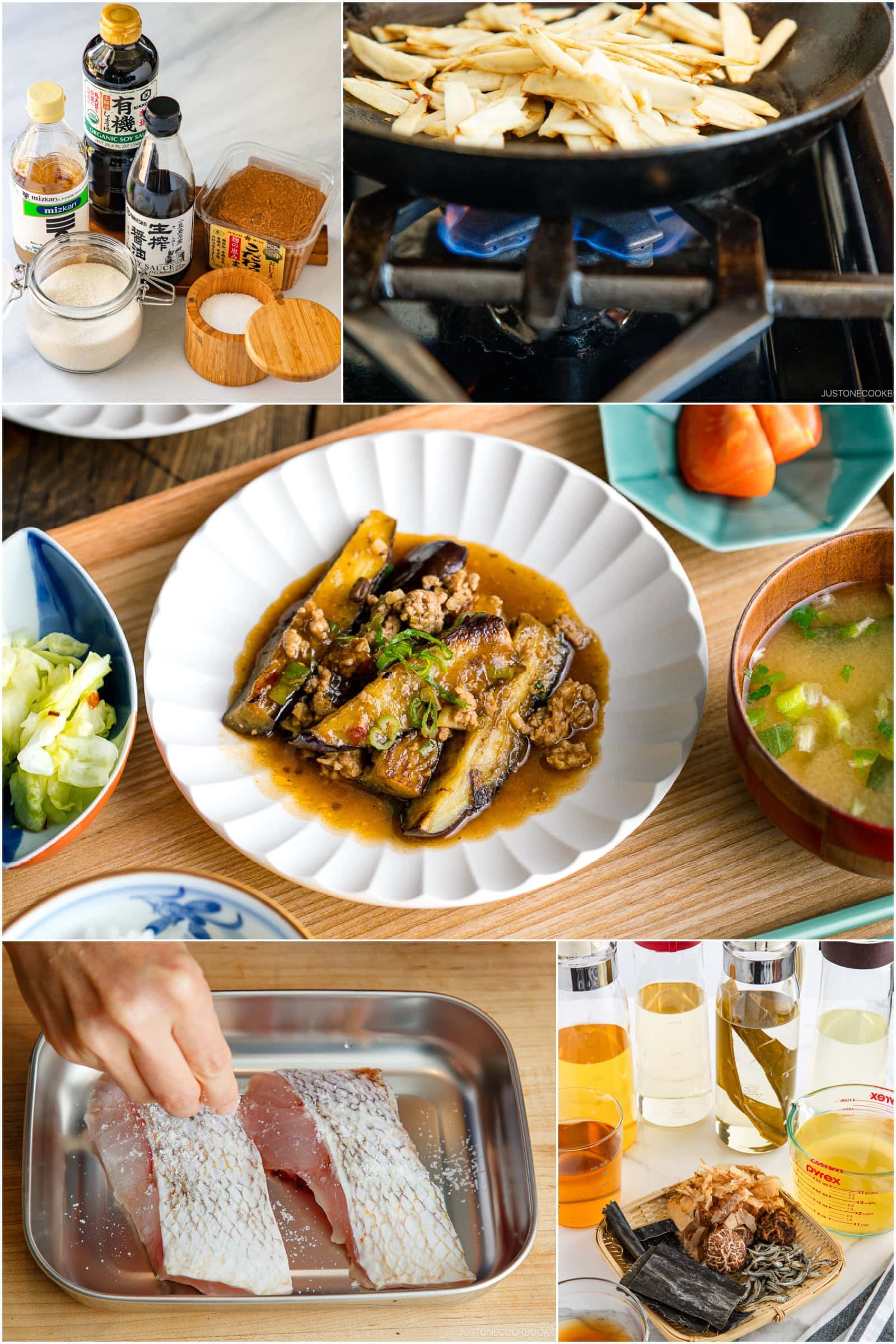 A collage showing Japanese cooking ingredients, vegetables frying in a pan, a plated eggplant dish, a miso soup with salad, someone seasoning fish, and various seasonings and dried ingredients on a tray.