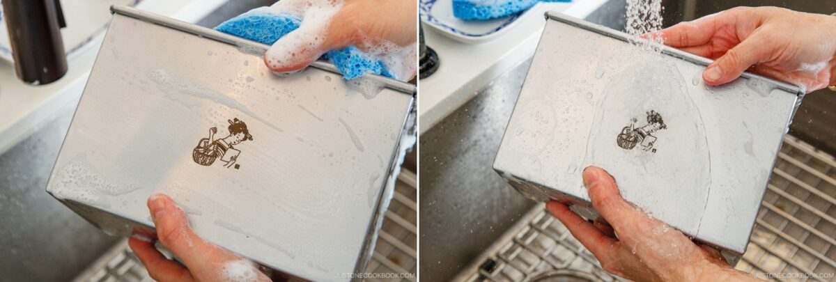Two images show hands washing and rinsing a soapy metal container with a cartoon chef logo under running water at a kitchen sink. A blue sponge and soap suds are visible.