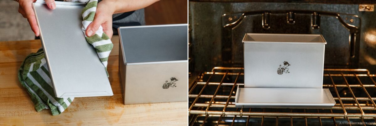 Two images: On the left, hands open a metal Pullman bread pan on a wooden surface with a striped towel. On the right, the closed pan is placed on an oven rack, ready for baking.
