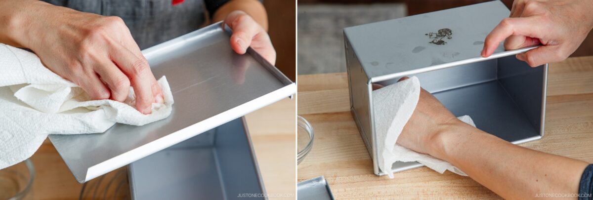Two images side by side show hands cleaning a rectangular metal baking pan with a paper towel, wiping both the lid and the inside surfaces on a wooden countertop.