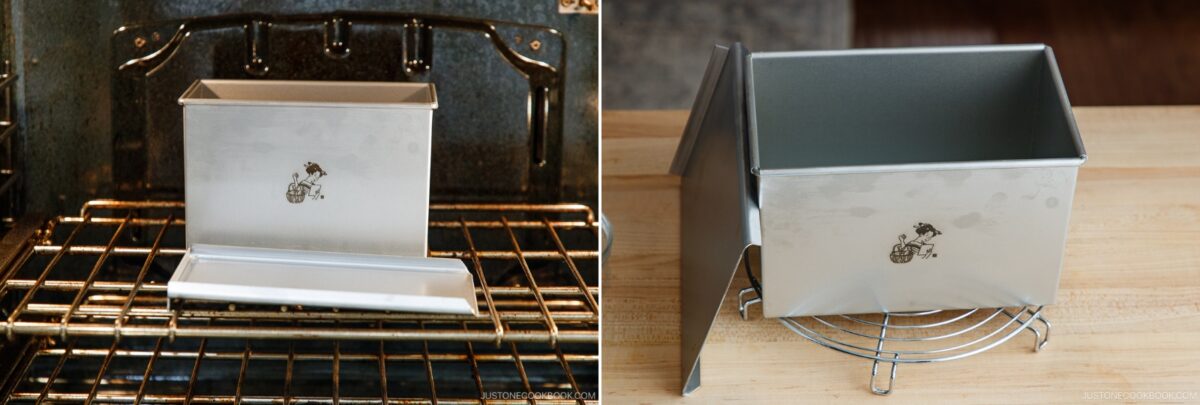 Split image: On the left, a silver rectangular baking pan sits in an oven. On the right, the same pan with its lid partially removed rests on a cooling rack on a wooden counter.