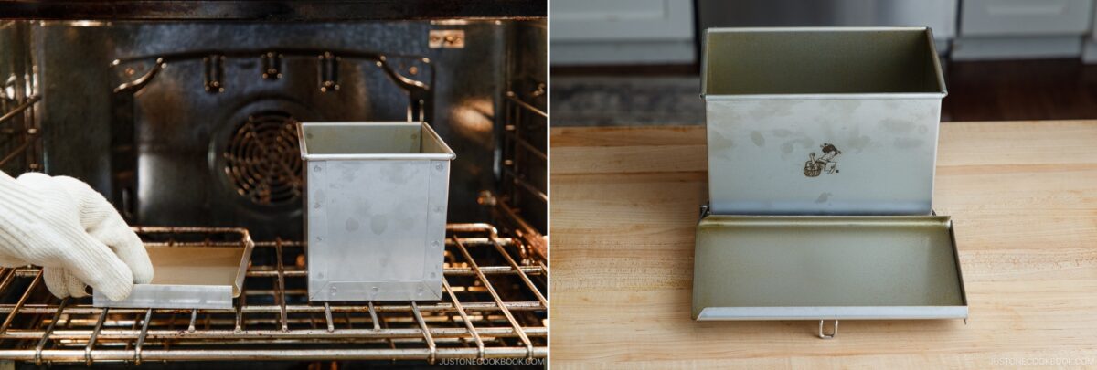 A person wearing an oven mitt places an open pullman loaf pan into an oven. Next to it, on a wooden surface, the same type of pan is shown with its sliding lid open.