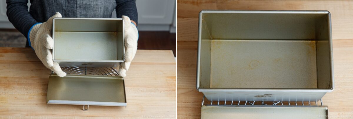 Split image: Left side shows gloved hands holding a rectangular metal loaf pan with a sliding lid; right side shows a top view of the open, empty pan on a wooden surface.