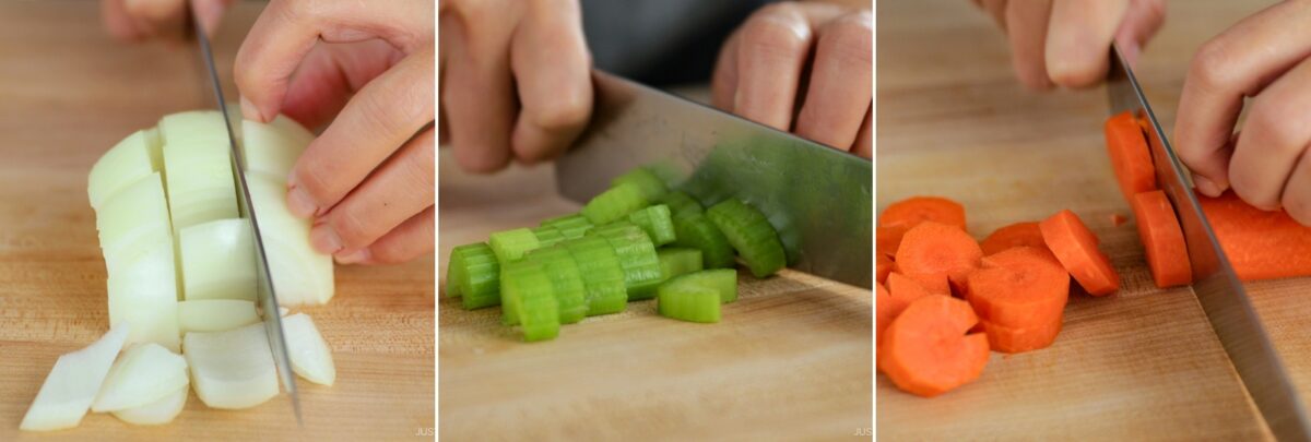 Three close-up images show hands using a knife to chop an onion, slice celery, and cut carrots on a wooden cutting board—classic ingredients for building flavor in a rich demi-glace recipe.