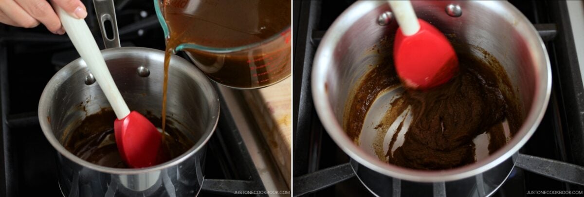 A hand stirs a saucepan with a red spatula as a dark liquid for a demi-glace recipe is poured in; the next image shows the thickened mixture being stirred in the pot on a stovetop.