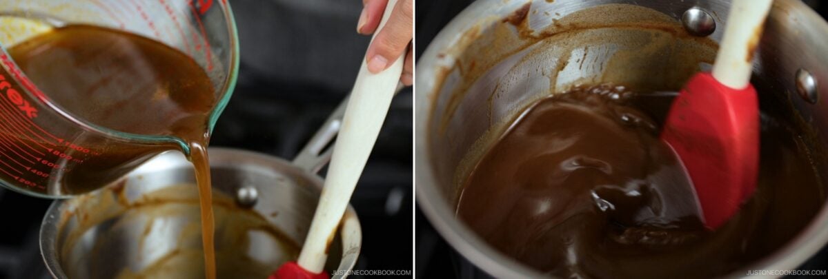 A hand pours a brown liquid from a measuring cup into a saucepan for a demi-glace recipe, then stirs the mixture with a red spatula as it thickens.