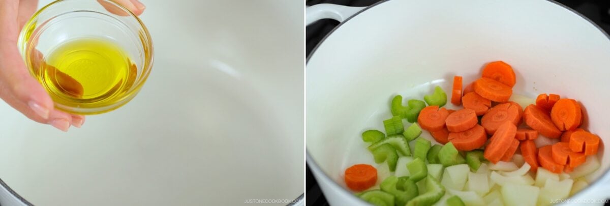 Split image: Left side shows a hand holding a small bowl of olive oil over an empty pot. Right side shows sliced carrots, celery, and chopped onions in the pot—classic beginnings for a rich demi-glace recipe.