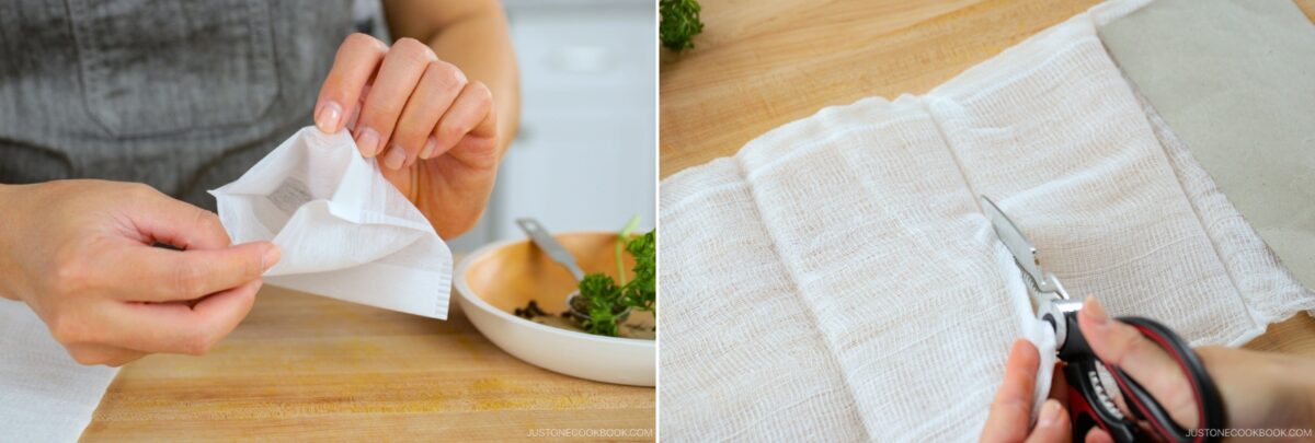 Close-up of hands handling white cheesecloth—on the left, folding it over a bowl for a demi-glace recipe, on the right, cutting folded cheesecloth with scissors on a wooden surface.