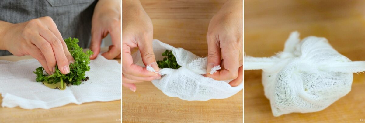 Three-panel image showing hands placing herbs on cheesecloth, gathering it around the herbs, and tying it into a bundle on a wooden surface—an essential step for preparing aromatics in a classic demi-glace recipe.