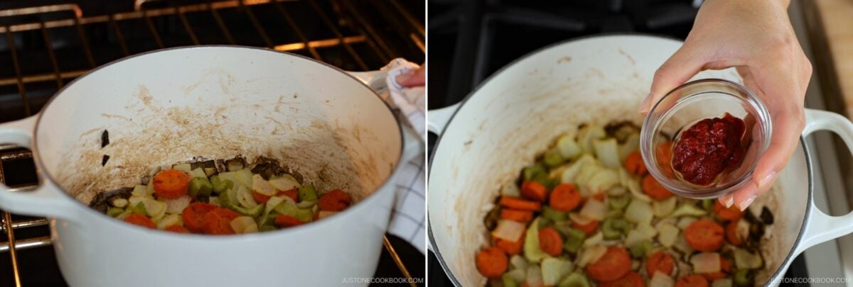 A white pot with sautéed carrots, celery, and onions sits on an oven rack—a classic start for any demi-glace recipe. In the second image, a hand holds a small bowl of tomato paste over the pot of vegetables.