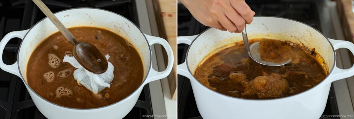Two images show a white pot on a stovetop. In the first, a wooden spoon holds a cheesecloth bag over simmering brown broth. In the second, a hand ladles rich brown stew from the pot—perfect steps for any demi-glace recipe.