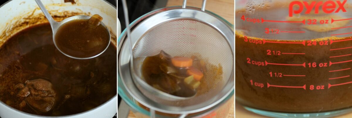 A collage of three images showing brown broth with vegetables in a pot, broth being strained through a mesh sieve, and the strained broth—perfect for a demi-glace recipe—collected in a glass measuring cup.