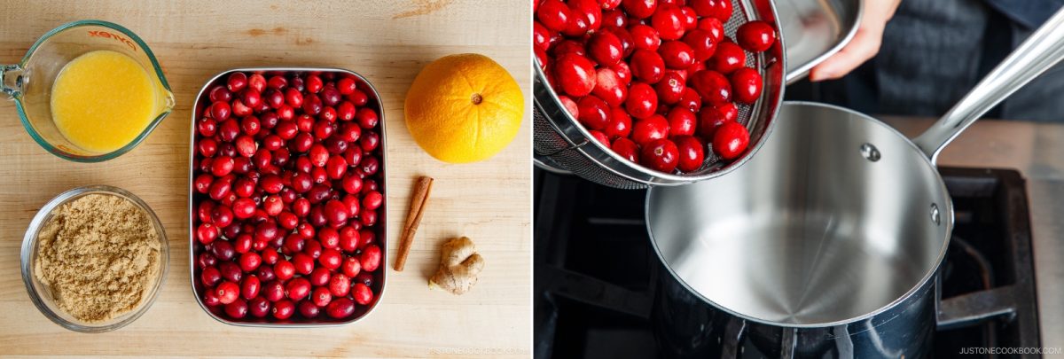 A split image shows cranberry sauce ingredients—fresh cranberries, orange, brown sugar, ginger, cinnamon, and orange juice—on the left, and cranberries being poured into a pot on a stove on the right.