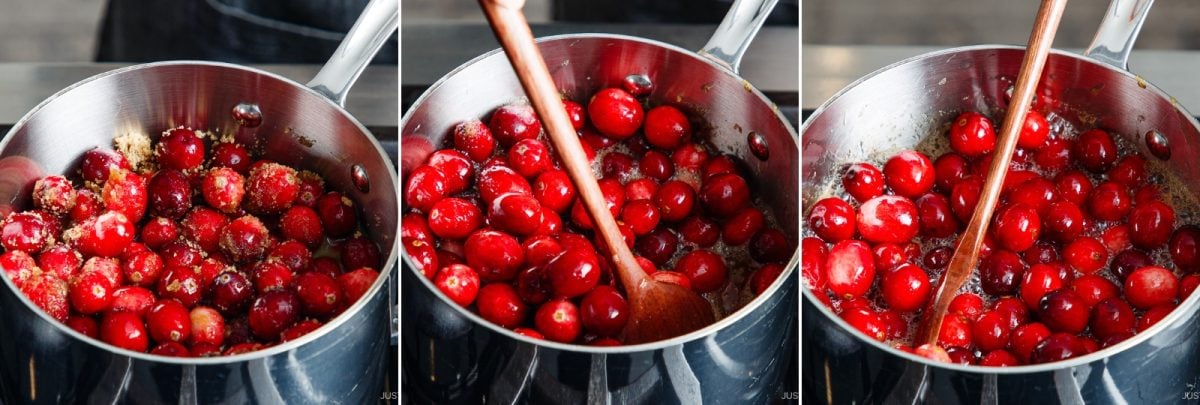 Three-panel image showing fresh cranberries being cooked in a saucepan. In each step, a wooden spoon stirs the cranberries as they cook down and combine with sugar on a stovetop.