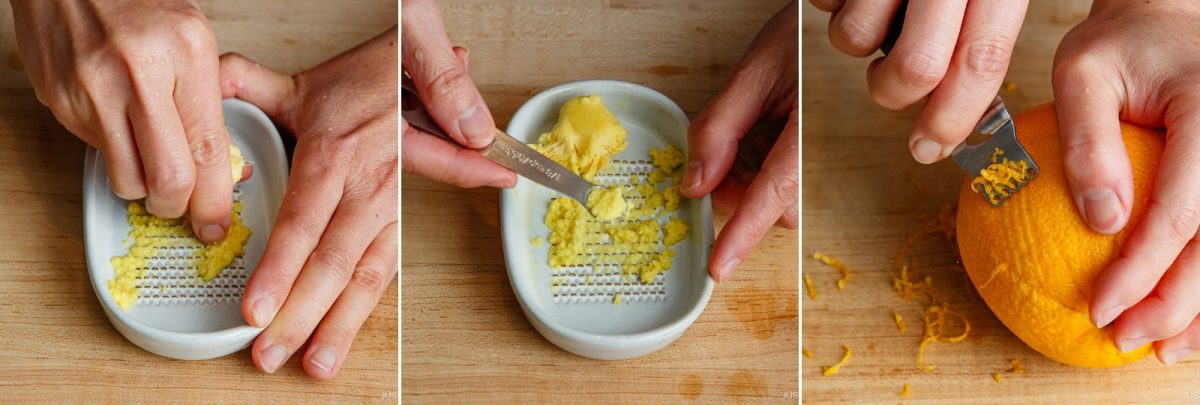 A collage shows hands grating fresh ginger on a ceramic grater, collecting ginger paste, and zesting an orange with a small grater on a wooden surface.