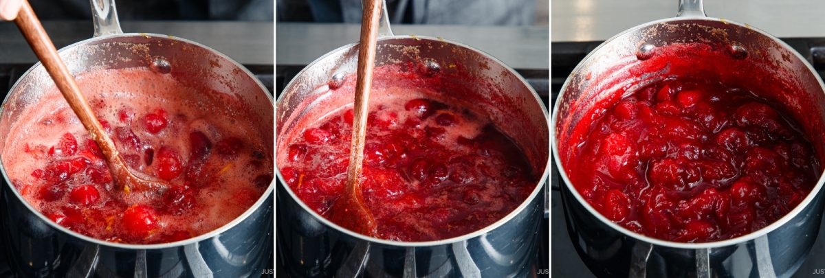 Three side-by-side images show a pot on a stove with cranberries cooking, gradually thickening into a chunky cranberry sauce as a wooden spoon stirs the mixture.