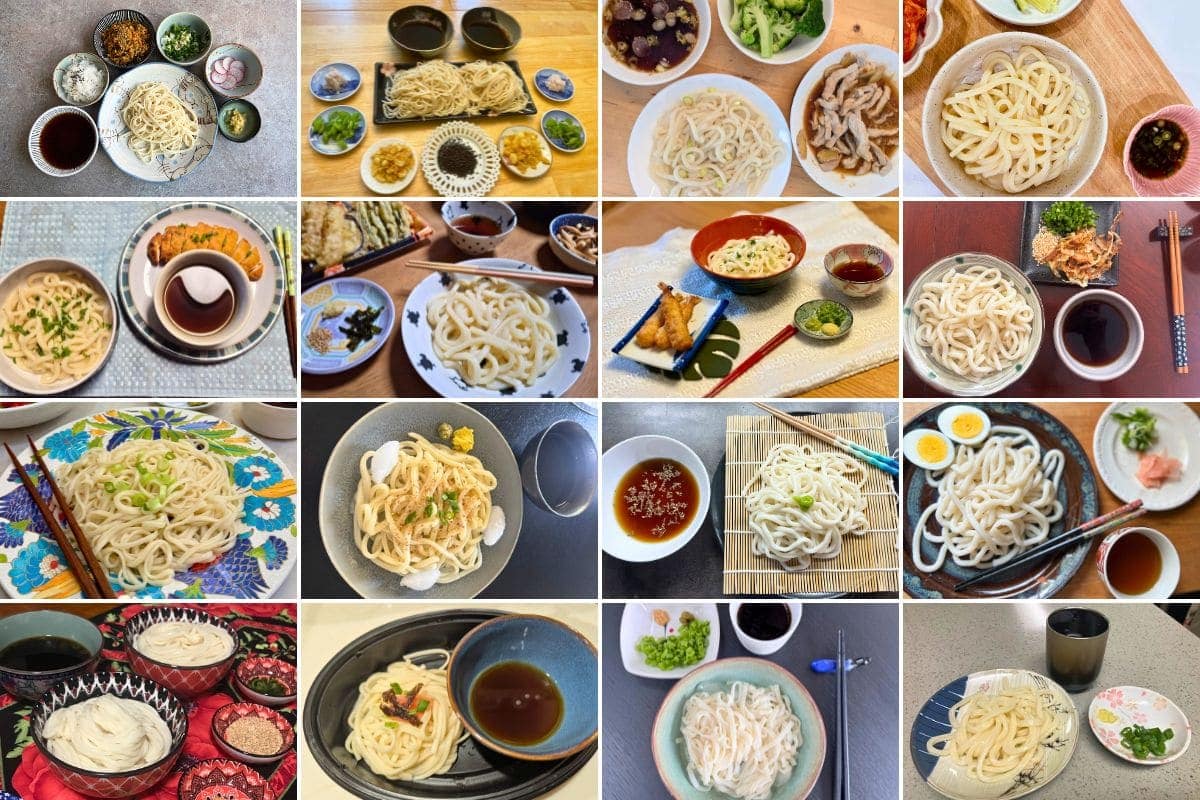 Collage of 20 different udon noodle dishes, each served in a bowl or plate with various toppings and dipping sauces, accompanied by small side dishes, showing a variety of presentations and ingredients.