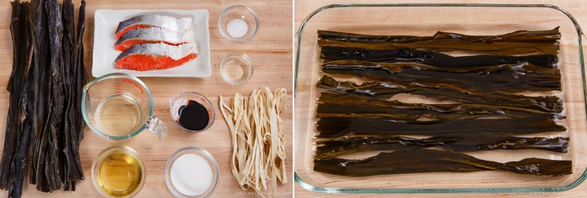 On the left, ingredients for Kobumaki (Salmon Kombu Roll) such as kelp, salmon, noodles, soy sauce, and seasonings are arranged on a wooden surface. On the right, strips of soaked kelp await preparation in a glass baking dish.