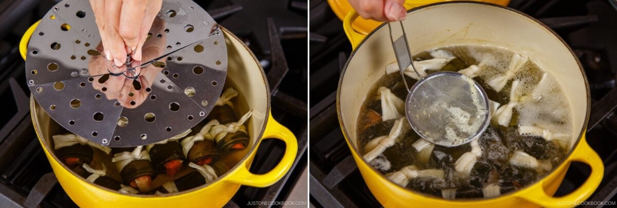 A hand places a metal steamer insert over Kobumaki (Salmon Kombu Roll) in a yellow pot (left). On the right, a hand uses a mesh skimmer to remove scum from simmering broth.