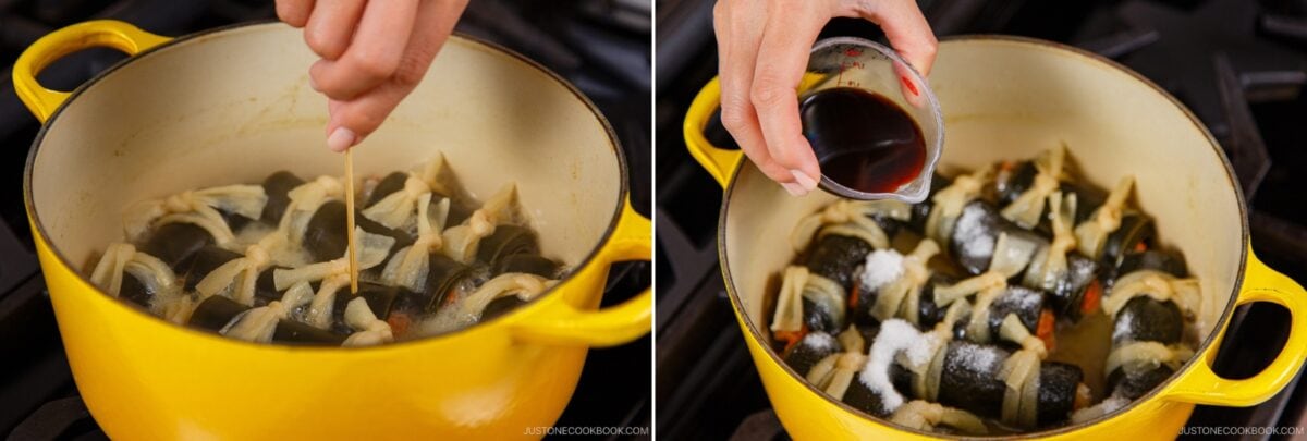 Side-by-side images of a yellow pot on a stove with Kobumaki (Salmon Kombu Roll) inside; a hand pours liquid from a small cup in the first image, and dark sauce in the second.