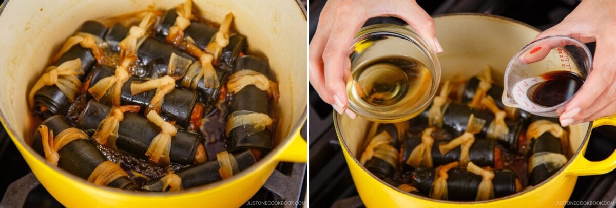 Two photos: left, simmering kobumaki (salmon kombu roll) tied with simmered kanpyo in a yellow pot; right, hands pour liquids from glass containers into the pot with the kobumaki rolls.