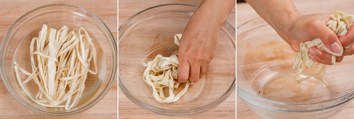 Three-panel image showing dried gourd strips in a glass bowl, a hand squeezing soaked kampyo, and the hand wringing out excess water over the bowl—steps often used when preparing dishes like Kobumaki (Salmon Kombu Roll)—on a wooden surface.