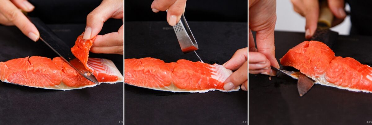 A sequence of three images shows hands using a knife to carefully slice the skin off a piece of raw salmon fillet on a black surface, preparing it for Kobumaki (Salmon Kombu Roll).