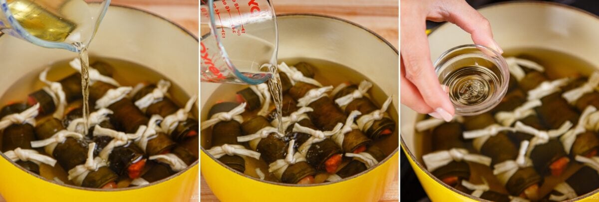 Three-panel image showing seasoning liquid being poured over salmon rolled in kelp for Kobumaki (Salmon Kombu Roll) in a yellow pot.