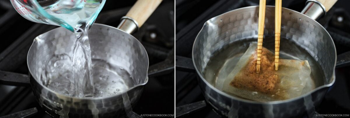 A diptych showing water being poured into a small saucepan on the left, and a tea bag held with chopsticks in simmering water on the right, both on a stovetop&mdash;evoking the mindful preparation found in Instant Pot Nishime.