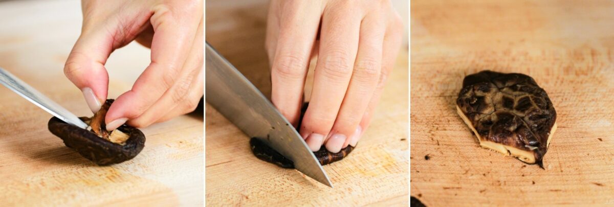A sequence of three images shows hands slicing a shiitake mushroom on a wooden cutting board with a knife, prepping ingredients for Instant Pot Nishime and ending with the whole mushroom cap ready to be cut.