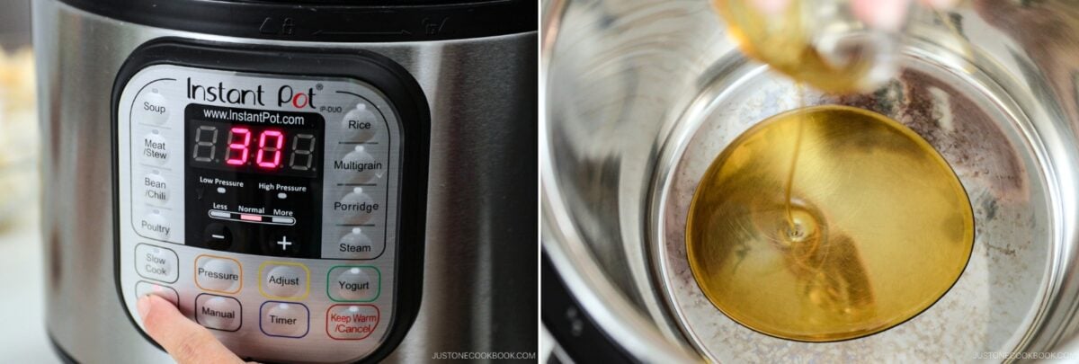 A person presses the saut&eacute; button on an Instant Pot as oil is poured into its stainless steel inner pot, preparing to cook a delicious Instant Pot Nishime.