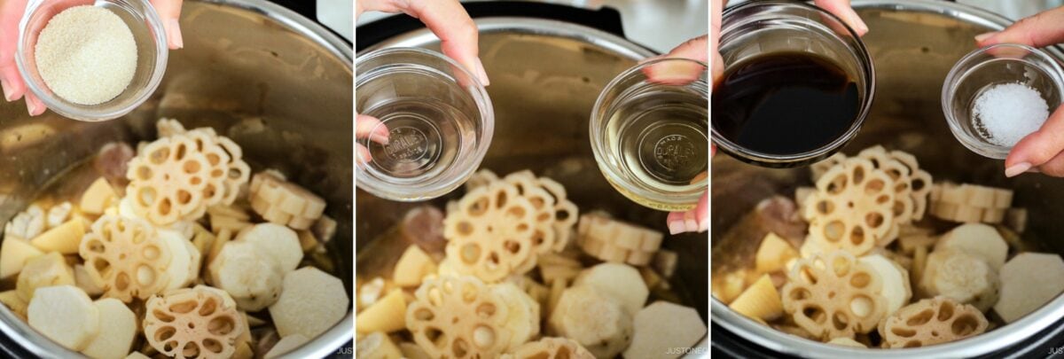 Three-panel image showing hands adding sugar, vinegar, soy sauce, and salt into a pot filled with sliced lotus root and other vegetables for Instant Pot Nishime.