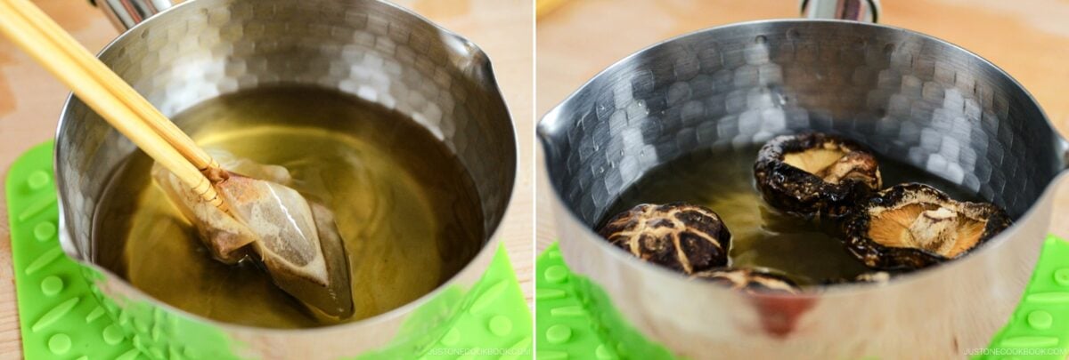 Two side-by-side images show a metal pot with water. On the left, chopsticks hold a tea bag in the water. On the right, several dried shiitake mushrooms soak&mdash;both common steps when preparing Instant Pot Nishime&mdash;while both pots rest on green silicone pads.